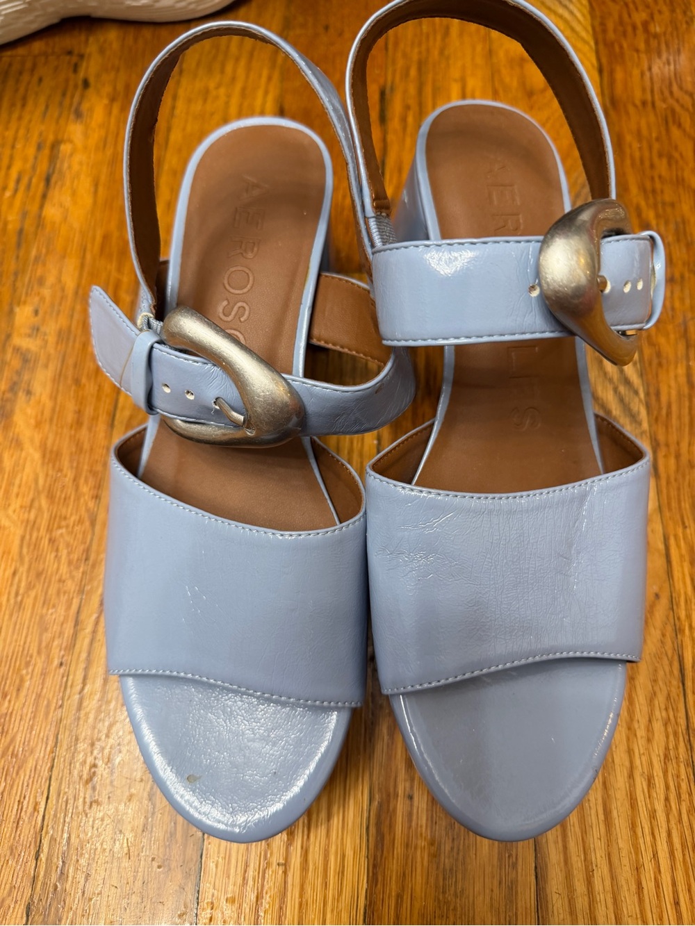 AEROSOLES Light Blue Leather Slingback Sandals with Gold Buckles